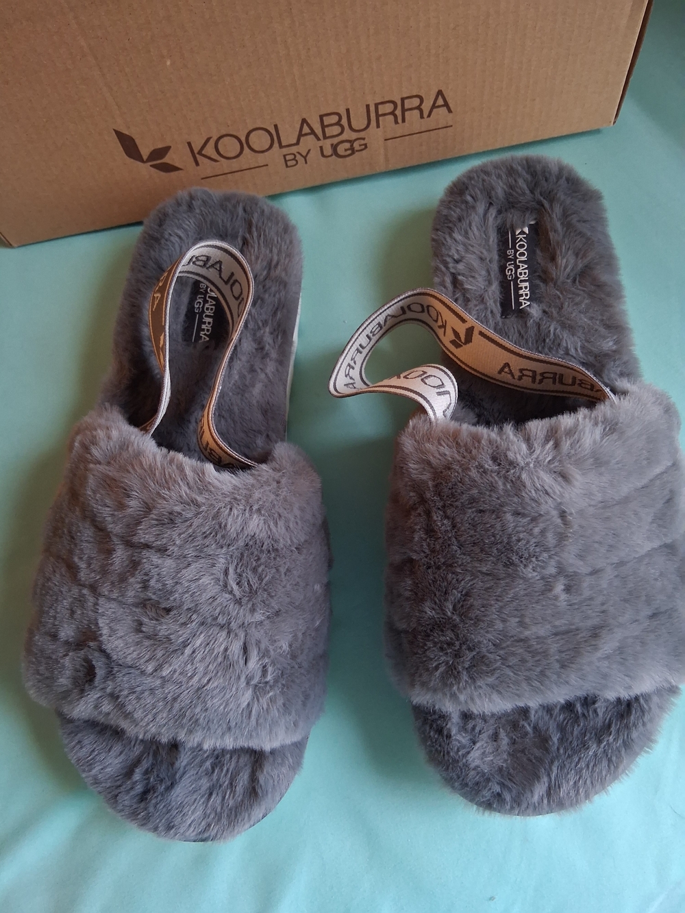 Koolaburra Plush Gray Slide Slippers with Branded Heel Strap